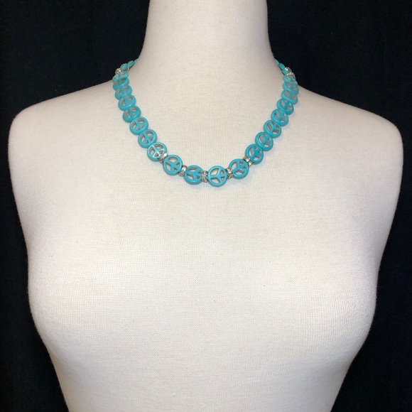 Peace Sign Symbol Turquoise Stone Rhinestones Wrap Around Bracelet or Necklace - Picture 2 of 4